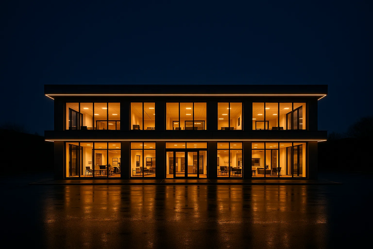 A two-storey commercial building at night with every office window lit and a linear light line along each floor.