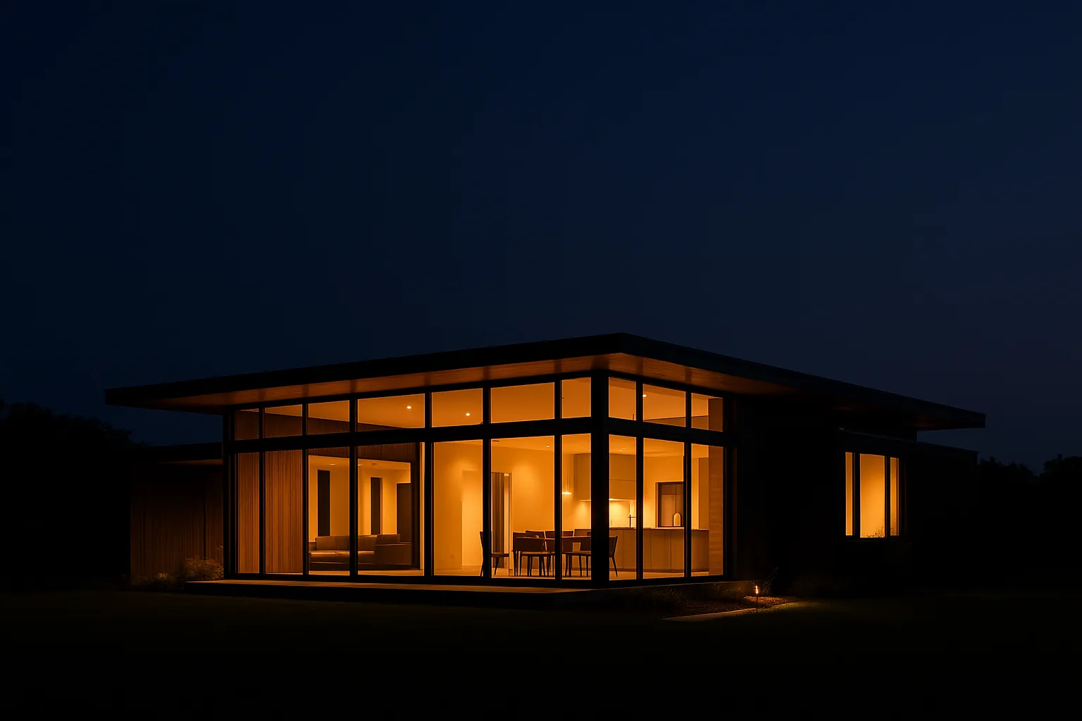 A single-storey modern house at night, its full-height windows lit warmly from inside.