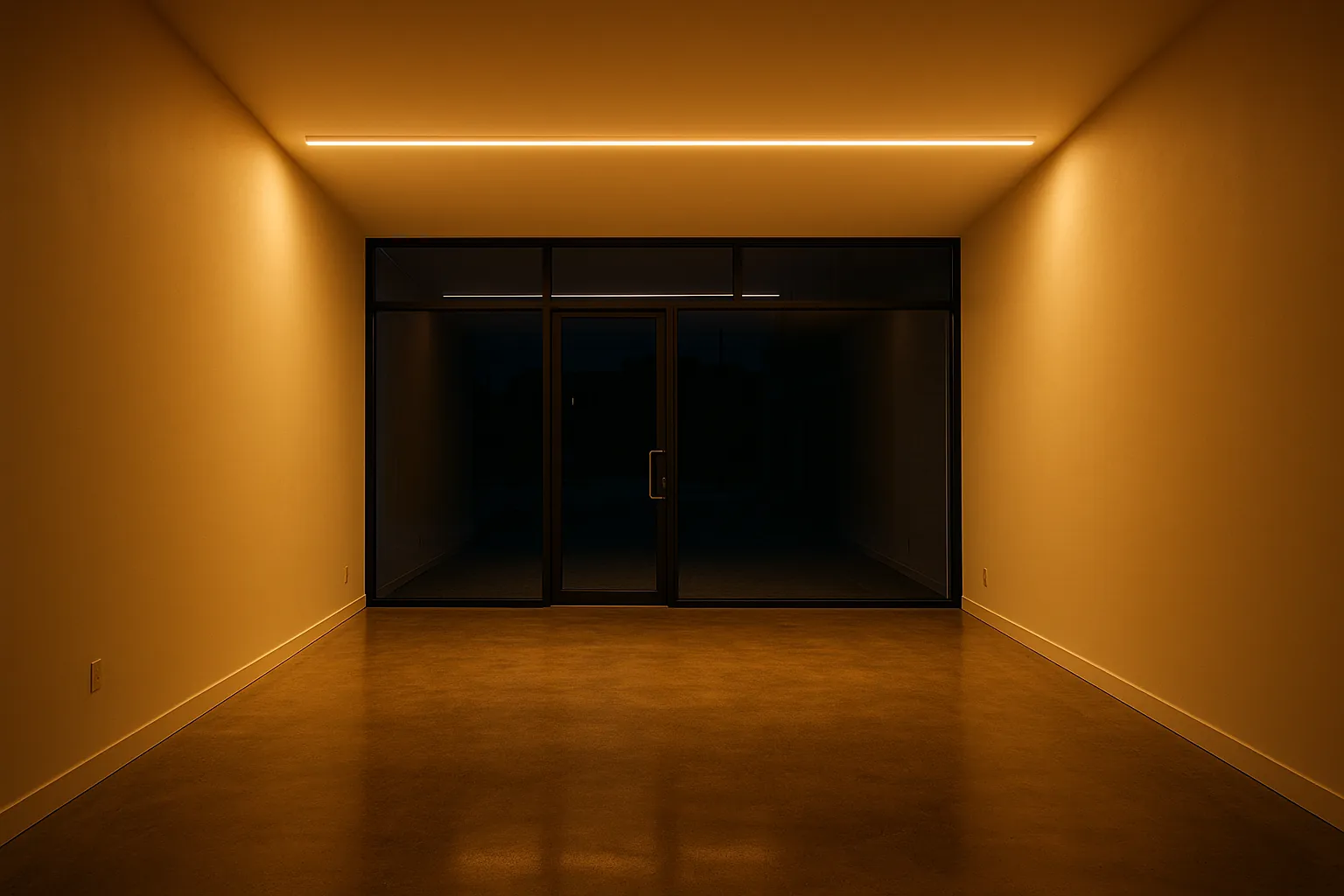 An empty, newly finished commercial unit at night, with continuous linear LED lighting running the length of the ceiling and reflecting off a polished concrete floor.